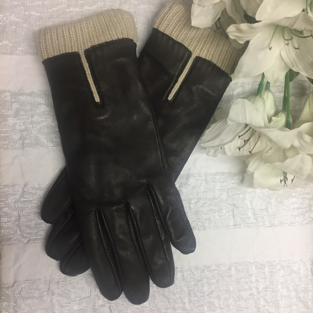 Ladies Gloves, genuine leather, brown with beige knitting trim,, size 7 1/2
